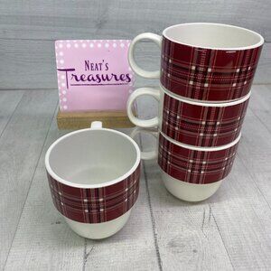 Noble Excellence CRIMSON Red Plaid Trim Porcelain Stackable Cups Mugs Set of 4
